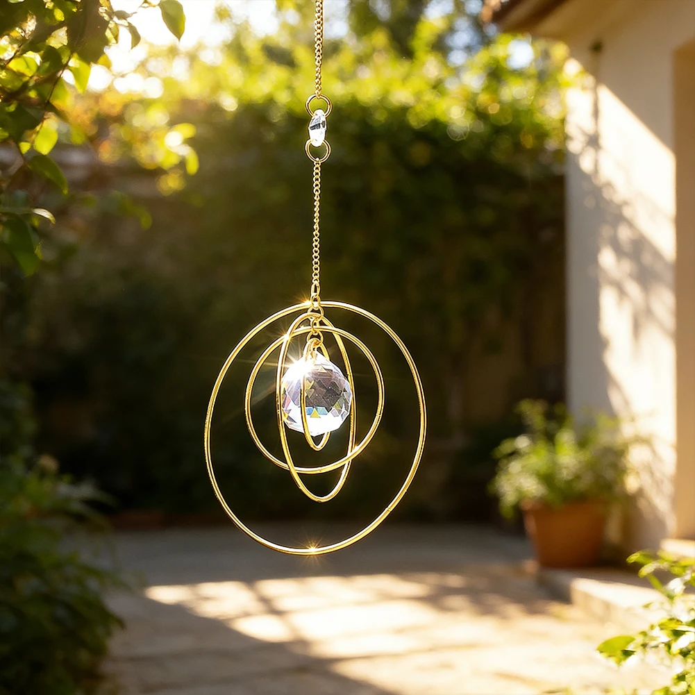 Triple Ring Planet Crystal Suncatcher AB Color Glass Prism Rainbow Maker Hanging Ornament for Window Garden Decor