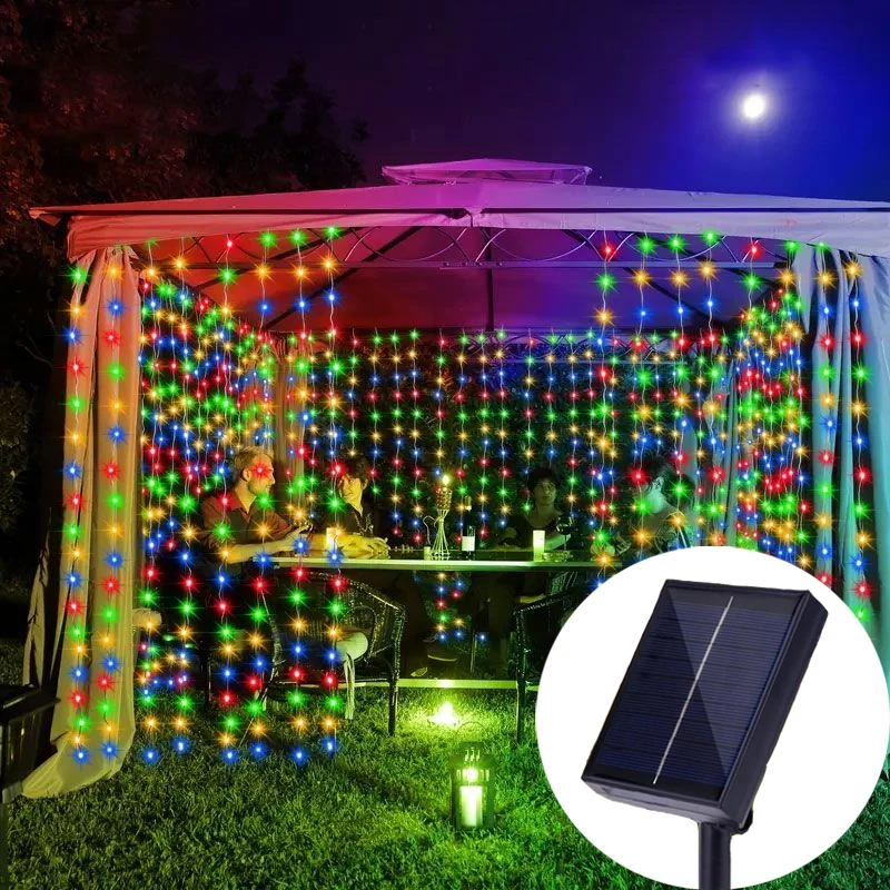 

Solar Curtain String Lights Outdoor 8 Modes Lighting Christmas Fairy Lights Great for Wedding Party Patio Halloween Garden Decor