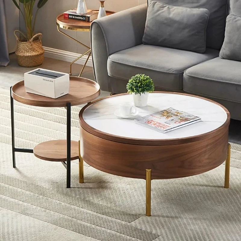 Marco Furniture White Moon Coffee Table Walnut Veneer Wood - Round Coffee Table for Living Room, Modern Lift Top N