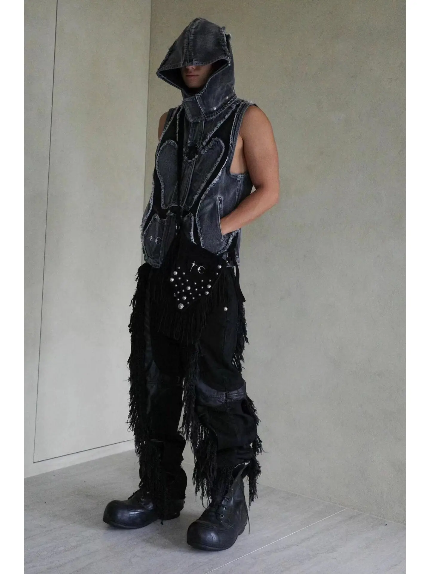 

Thug Club Heavyweight Tassel Jeans Low Waist Patchwork Color Blo Straight Leg Waed out Denim Youth Street Sle Jeans