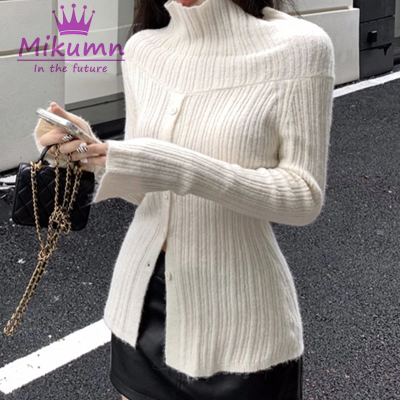 Mikumn Women Autumn Knitted Sweater Korean Fashion Slash Neck Off Shoulder Long Sleeve Jumper Sexy Slim Single Breasted Knitwear