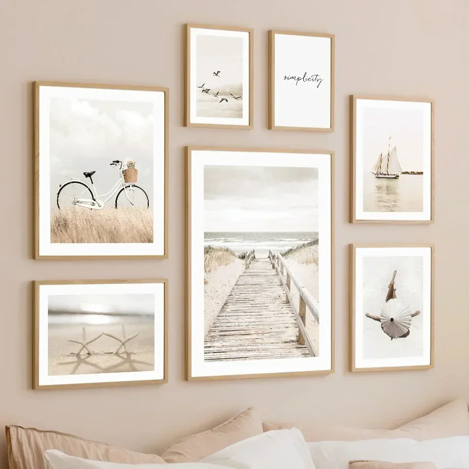 Bike Reed Girl Boat Beach Beige Landscape Wall Art Canvas Painting Poster Printing Natural Images Nordic Living Room Decoration