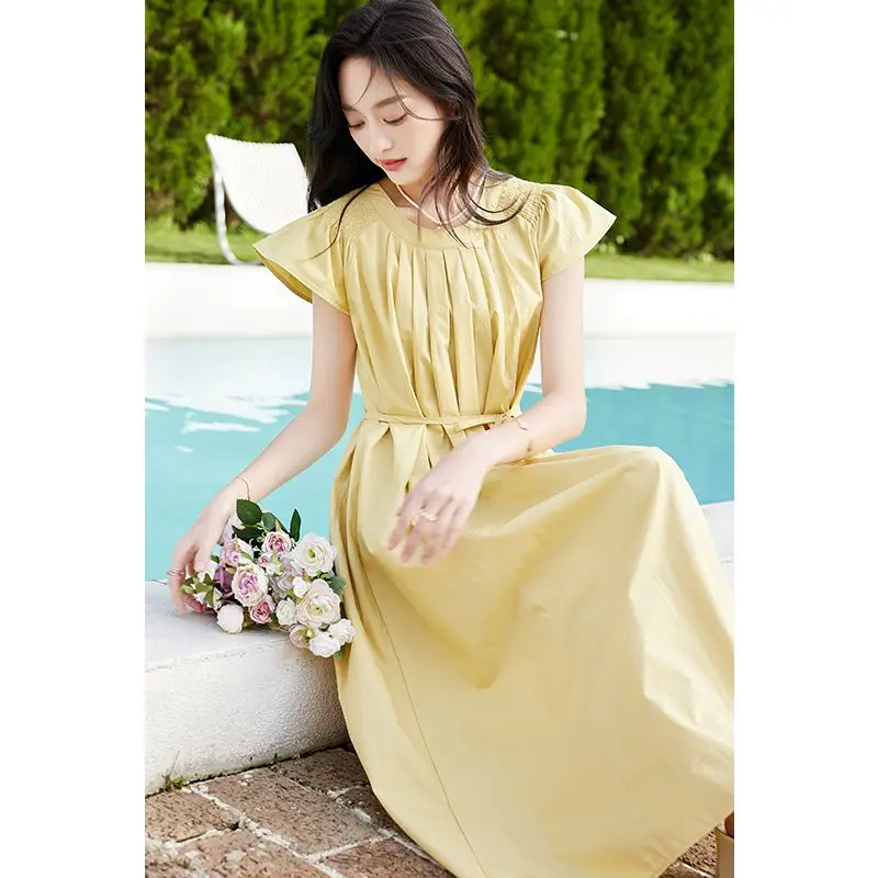 2024 Summer Pure Cotton Women's Long Yellow Round Neck Flying Sleeve A-Line Skirt Ladies Fashion Elegant Casual Women's Wear