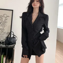 Deeptown Vintage Blouses Black Stripe Tunic Shirts Long Sleeve Top Women Korean Fashion Office Lady Old Money Aesthetic Elegant