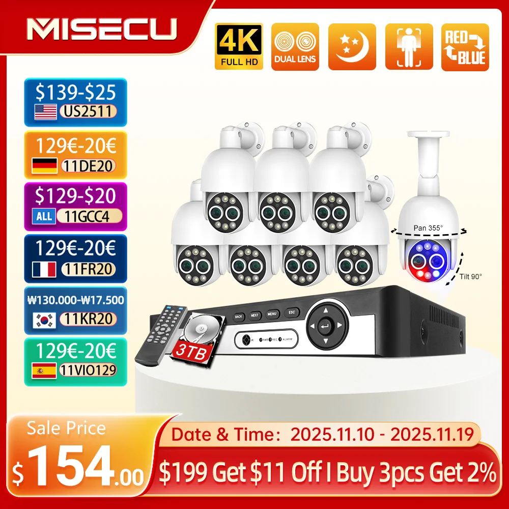 

MISECU 8CH 4K PTZ 8-кратный гибридный зум POE Система безопасности с двумя объективами 8-мегапиксельная камера Наружная запись CCTV Комплект защиты ONVIF