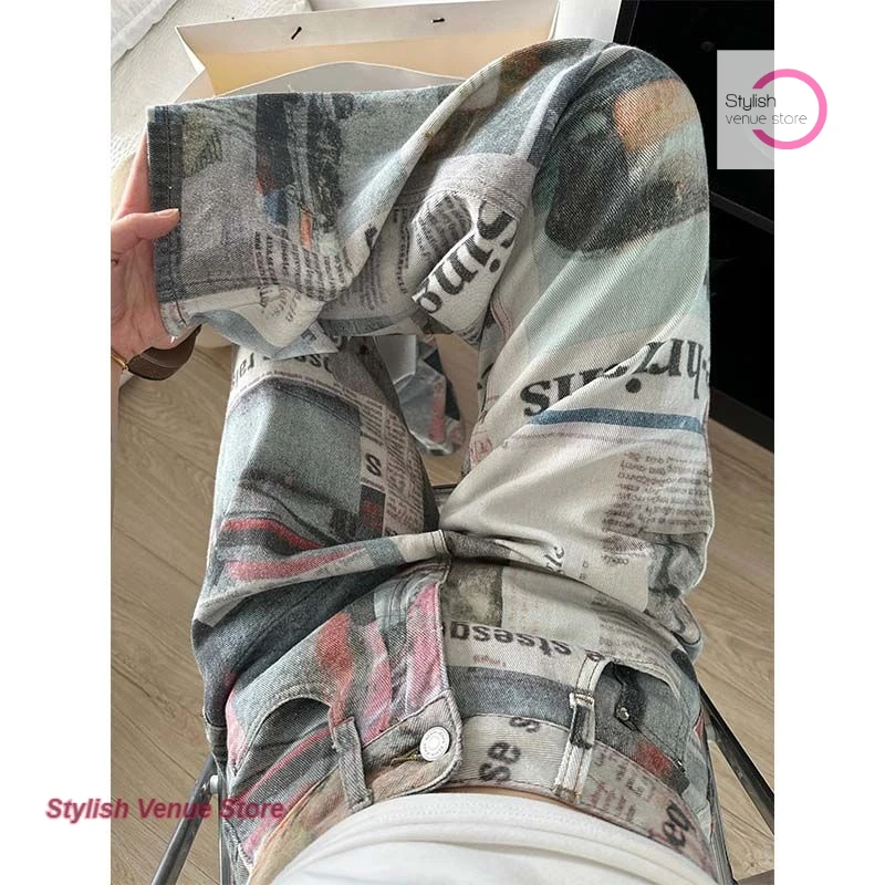 American retro print newspaper jeans women's spice girls loose fashion temperament high waist slim mop straight wide-leg pants.