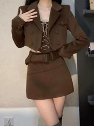 Korean Fashion 3 Piece Set Casual Vintage Suit Short Coat + Slim Vest + Bodycon Y2k Mini Skirt Solid Party Clothing 2023 Autumn