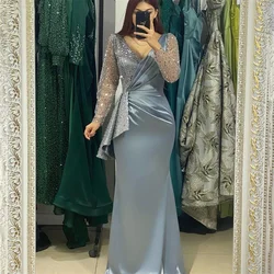 Flavinke Customized Mermaid Evening Dresses Sparkly V-Neck Long Sleeves Pleated Prom Dress Ruffles Shiny Satin Party Gowns