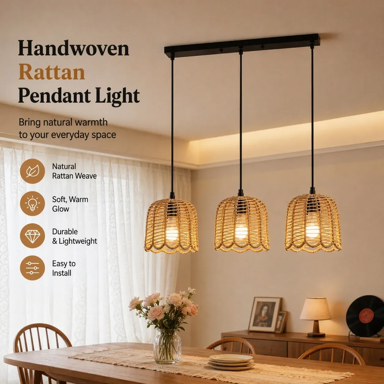 JOYINLED 3 Light E27 Paper Rope Hanging Light Ceiling Chandeliers Boho Woven Pendant Lights for Living Room Kitchen Island E27