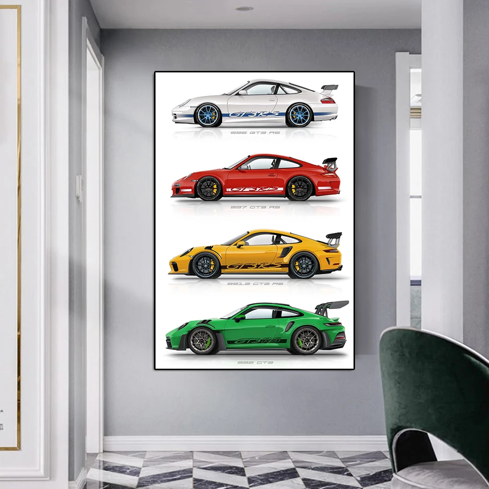 

Modern Luxury Sports Car 991 GT3 Poster And Print 996 RS Racing Canvas Painting Supercar Watercolor Wall Art Picture Room Decor