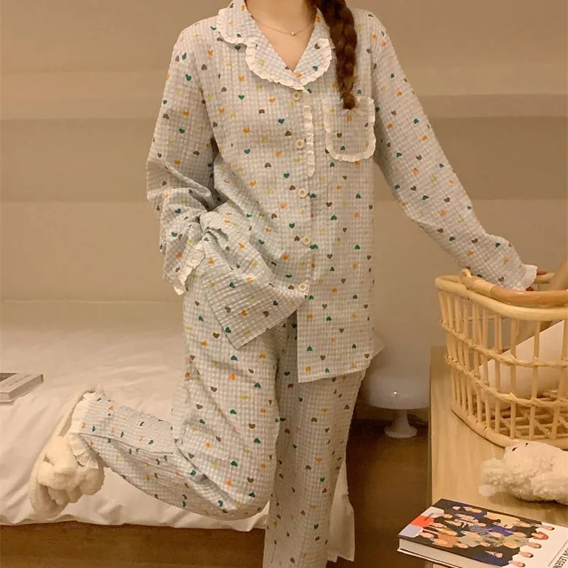 Pajama Sets Women Sleepwear Lovely Sweet Ins Korean Lace Spliced Long Sleeve Full Length Preppy Heart Print Plaid Autumn Female