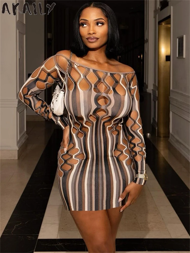 Akaily Autumn Fashion Off-Shouder Stripe Mini Dress Midnight Party Wear For Women 2024 Sexy Hollow Out Bodycon See Through Dress