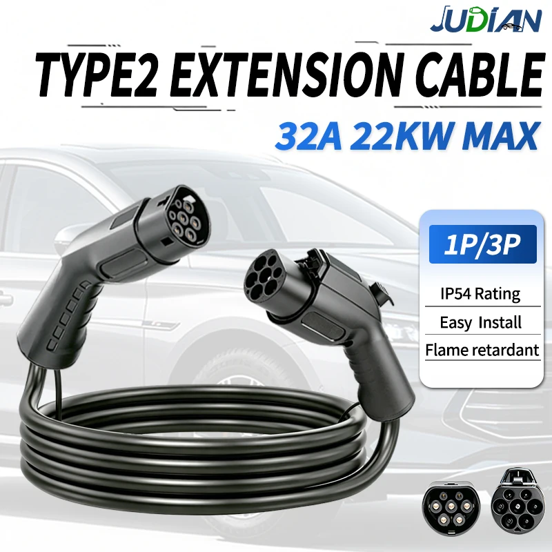 Portable EV Charger Wallbox Extension Cable Type 2, 3.5KW 7KW 11KW 22KW Equipped with Type 2 Charging Plug for Charging Station