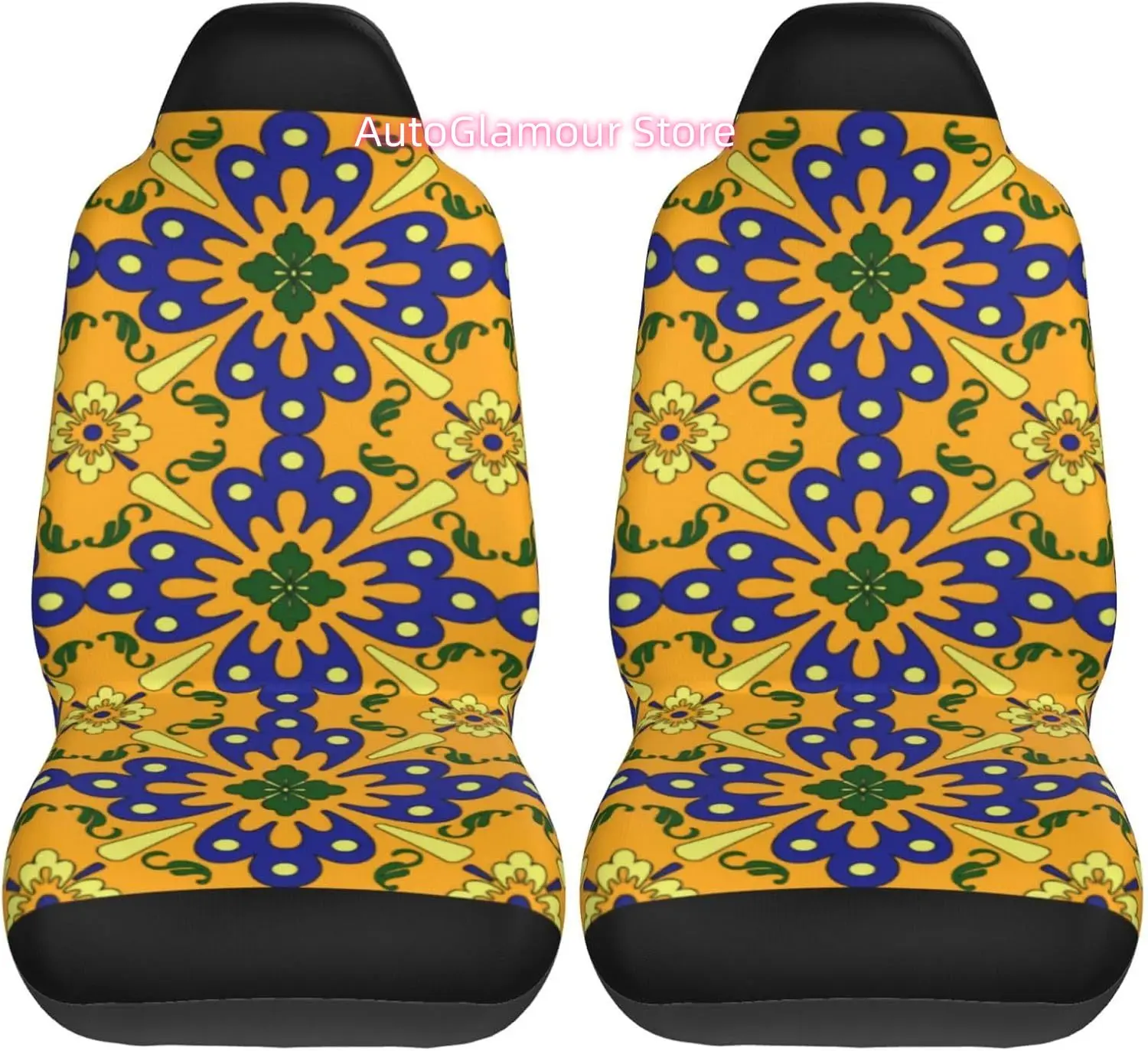 Orange Blue and Yellow Spanish Tile Pattern 2-Piece   Seat Cover Complete Set - Elastic Seat Protection Cover for C