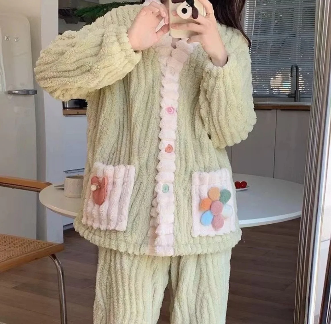 Winter neu dick warm halten 2 Stück Pyjama Set Frauen Nachtwäsche süße Strickjacke Home Anzüge V-Ausschnitt Flanell Pyjama Anzug