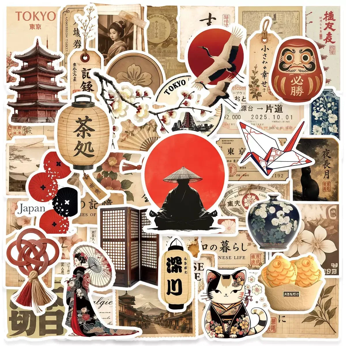 50 Stück japanische traditionelle Kultur-Aufkleber, Retro-Sticker für Laptop, Wasserflasche, Gepäck, Notizbuch, wasserdichte Vinyl-Aufkleber