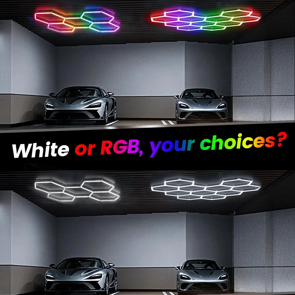 Two white light or RGB honeycomb hexagonal garage lights DIY free combination LED tubes installed on ceilings and walls, suitable for garages, 4S workshops, gyms, hair salons, and simple home lighting