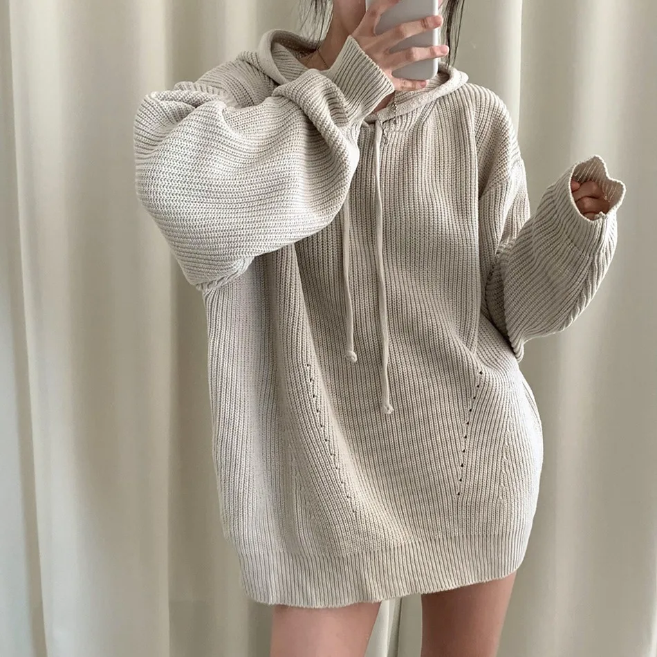 

Chic Casual Long Sve Knitted Sweater Women's Autumn Winter Simple Lazy Hat Loose Comfortable Mid-Length Overhead Top