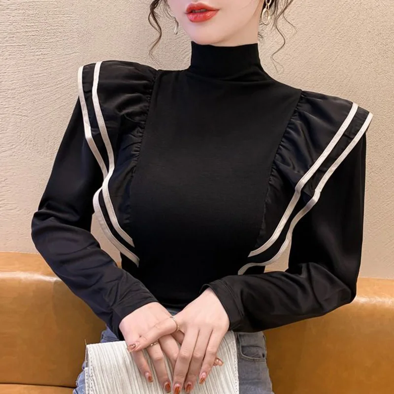 Stylish Turtleneck Spliced Folds Ruffles Blouse Female Clothing 2023 Autumn New Casual Pullovers All-match Office Lady Shirt