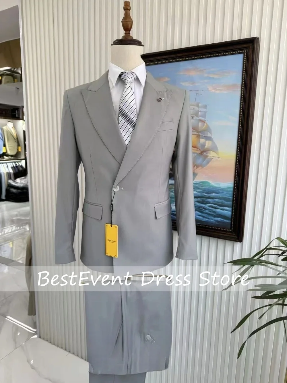 Grey Slim Men's 2 Piece Suit Set Smooth Premium Single Breasted Blazer Pants For Business Office Groom Formal Tuxedo Customized