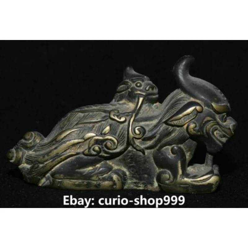 8CM Old Bronze Gilt Fengshui Dragon Pixiu Brave troops Mother&Son Beast Statue