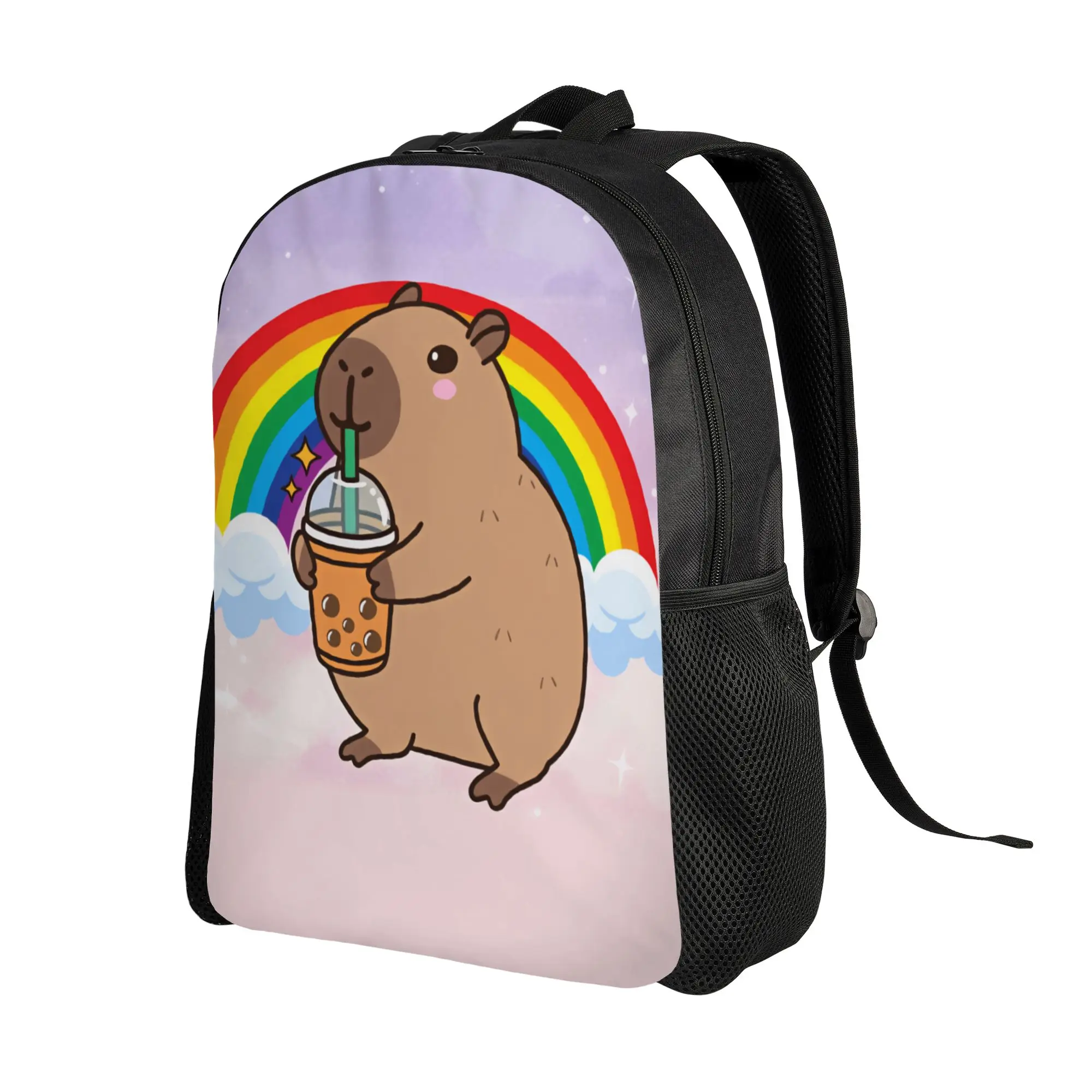 Capybara Drinking Bubble Tea Rainbow Cloud Star Cartoon Backpack  College Backpacks Female Fashion School Bags Soft Rucksack