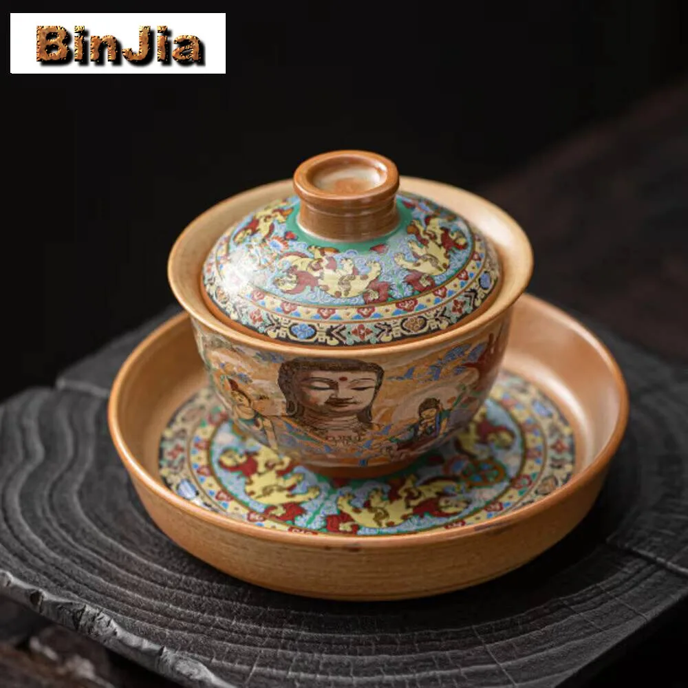 

160 мл Китайский Дуньхуан Гигантский Будда Гайвань Ручная Камера Изменение Чайного Турена Крышка Чаша Стол Для Сухого Заваривания Поднос Предмет Ремесло Подарок