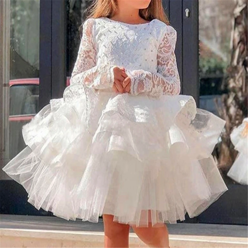 Ball Beauty Pageant Long-sleeved Fluffy Lace Printing Flower Girl Dress Princess First Communion Kids Surprise Birthday Present