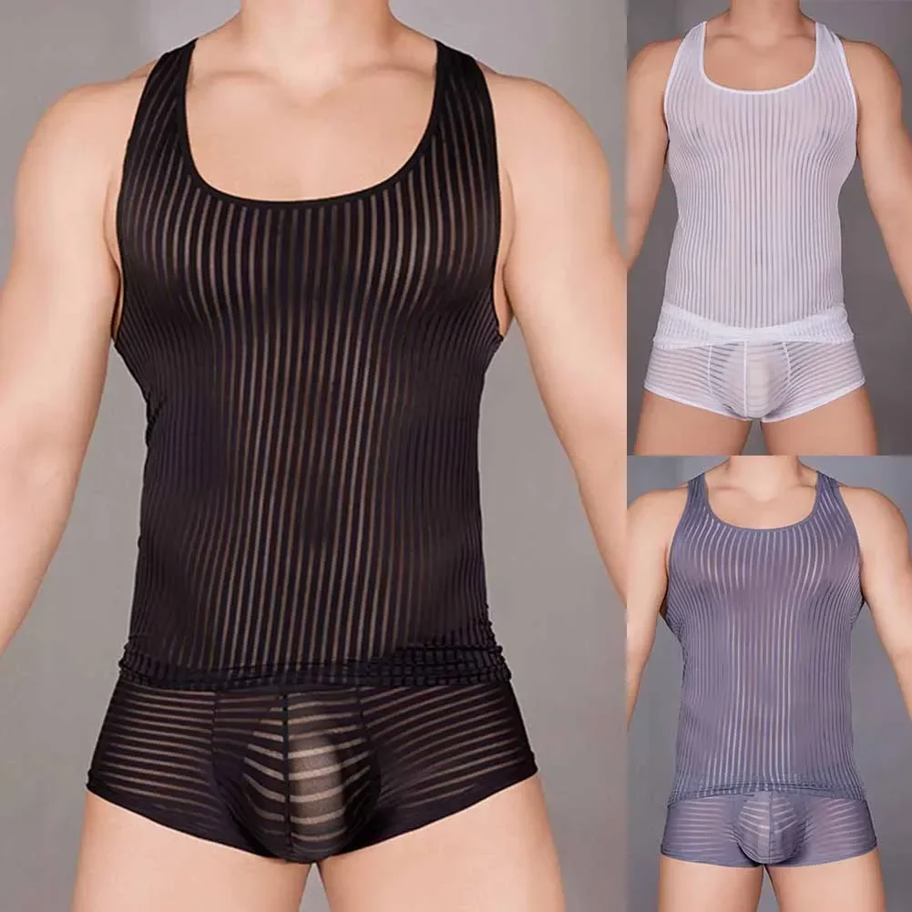 Sexy Men Vest Mesh Stretchy Underwear Posing Fit Muscle Tank Top Ultra-thin Transparent Tees Comfort Breathable Sleepwear