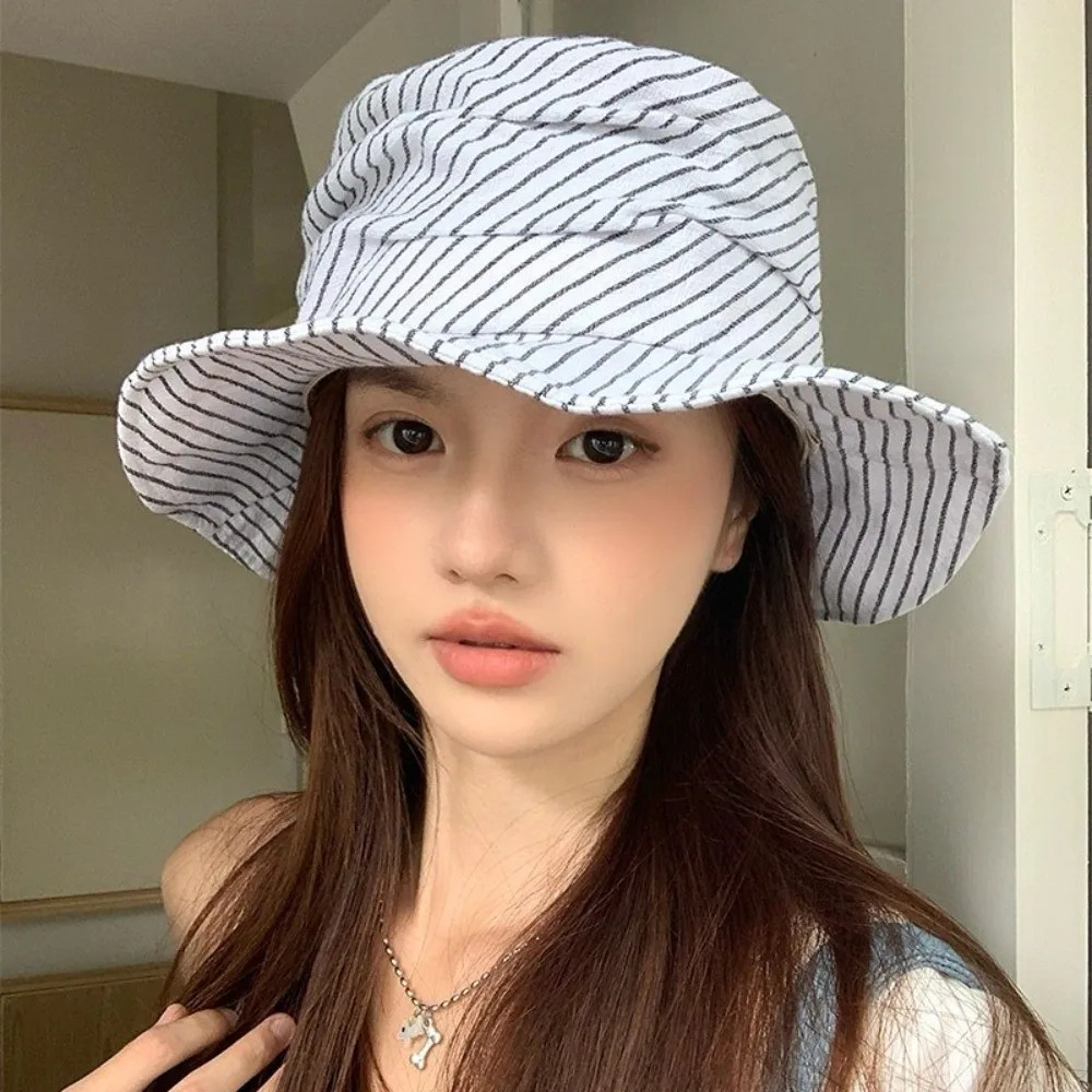 

Fashion Foldable Women Bucket Hat Spring Summer Wide Brim Fisherman Caps Visor Striped Sun Hat Unisex
