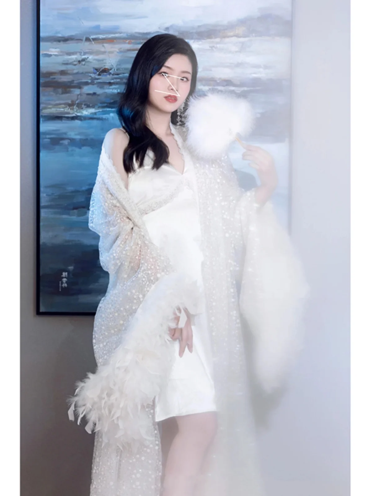 

Silk Satin Bridal Morning Robe with Beads Flash Powder Bright Sequins Feather Two-Piece Set Sleepwear Nightgown for Women
