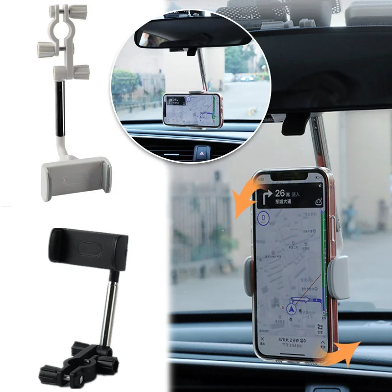

360° Car Phone Holder Rearview Mirror Mount Bracket Navigation GPS Mobile Stand Clip Foldable Adjustable Car Cell Phone Support