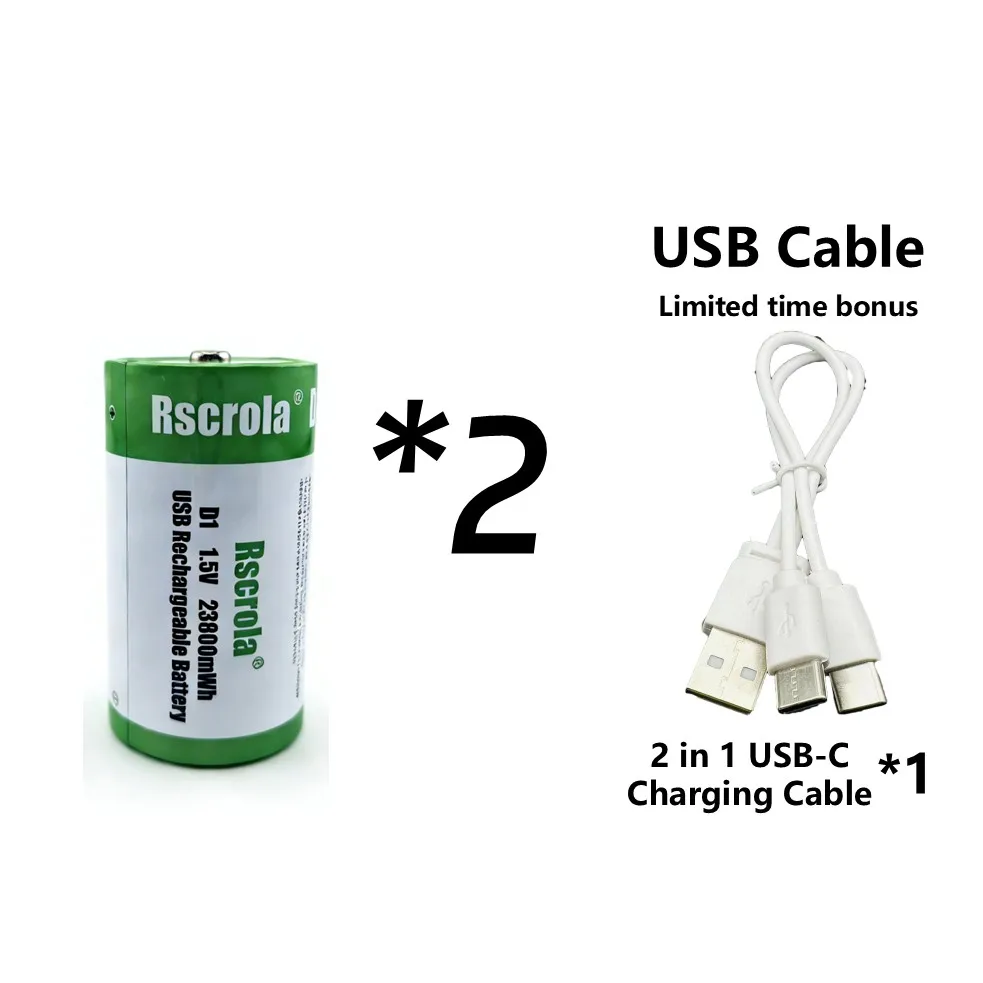 1.5V 23800mWh D-cel batterijen Oplaadbare D-batterijen met oplaadkabel voor gasfornuis, waterverwarmer, zaklamp, radio, gereedschap, speelgoed