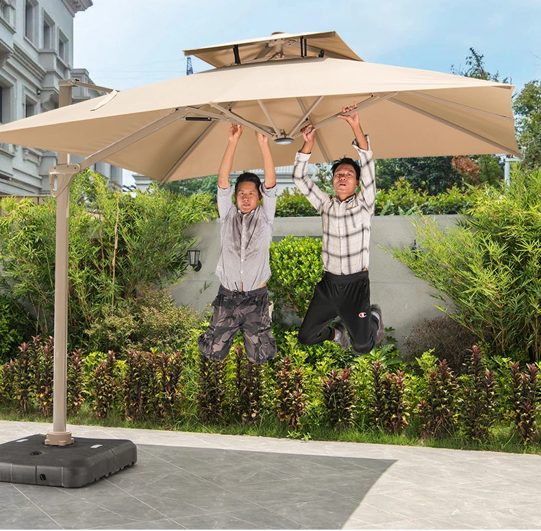 Buiten Hydraulische Cantilever Rechthoekige Paraplu Patio Zware Beweegbare Parasol Basiswielen