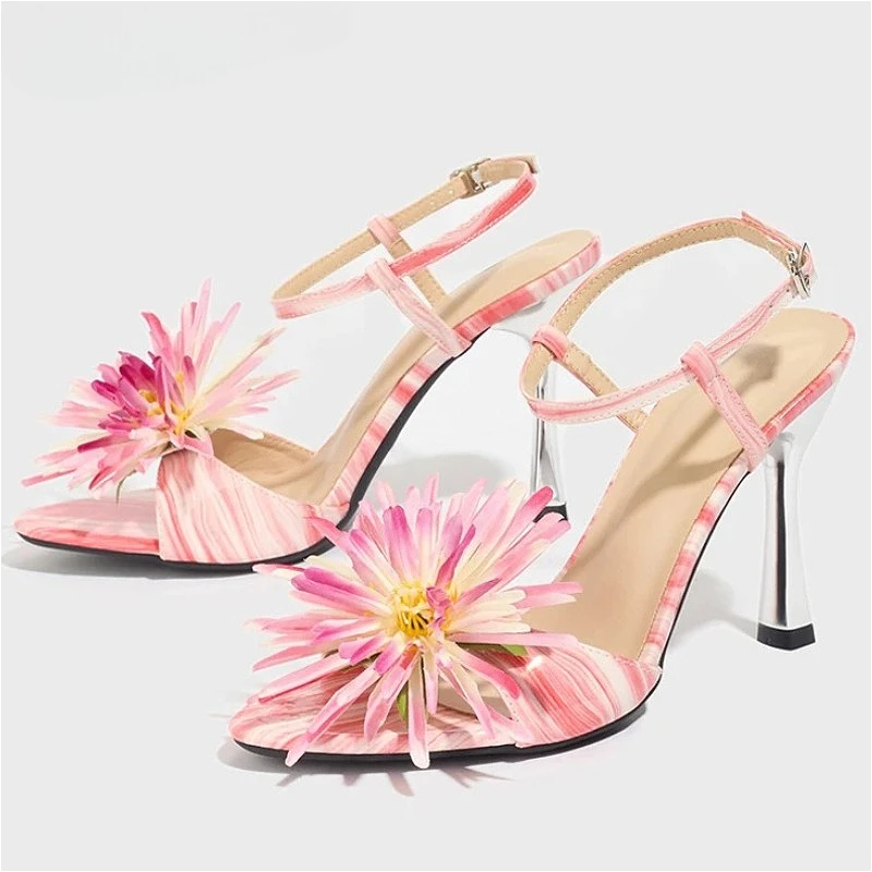 

Женские туфли на высоком каблуке с цветочным дизайном, новые модные сандалии с открытым носком и ремешком на щиколотке, женские туфли-лодочки для взрослых, пикантные вечерние модельные туфли, женская обувь