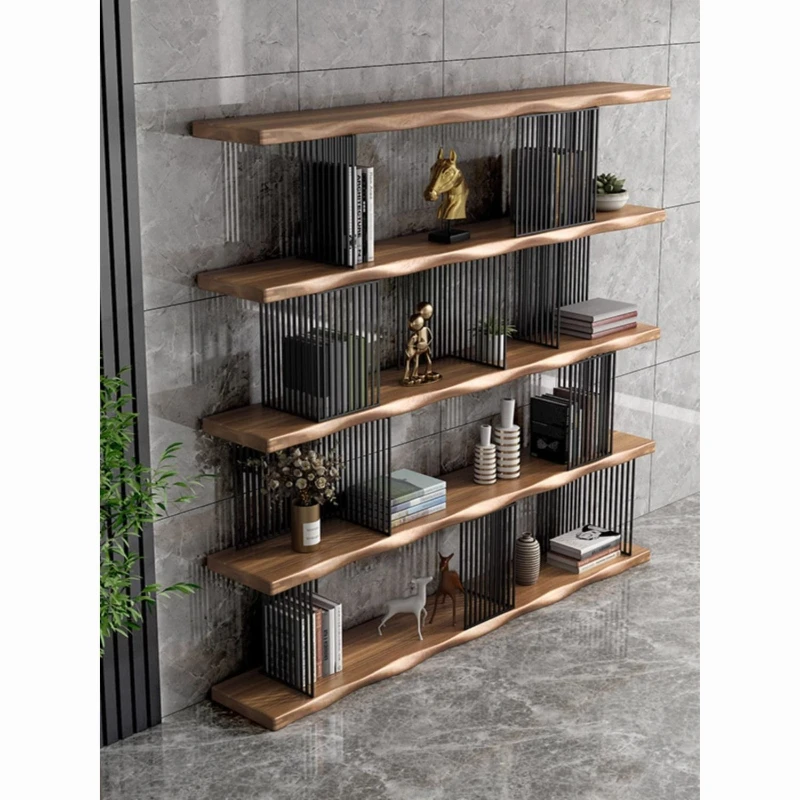 

Wrought iron solid wood multi-layer shelves, living room office floor bookshelves