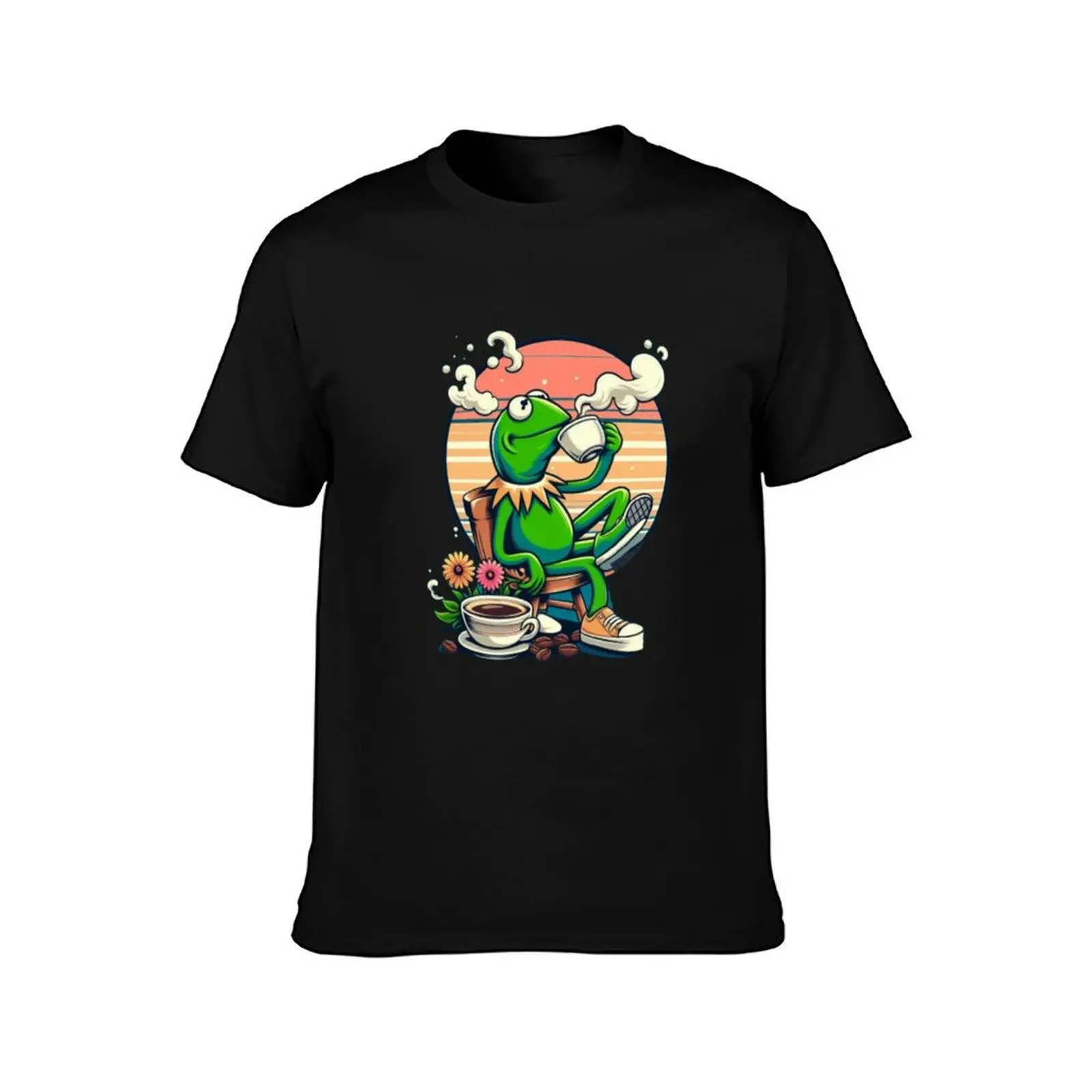Kermit Sipping Tea gif. Funny Kermit sitting on a bench as he enjoys his coffee. T-Shirt Festive Simple T-Shirt