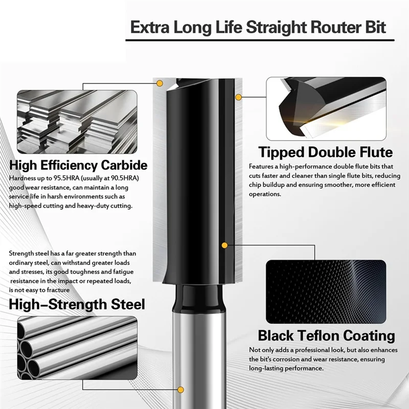 Set di 7 punte per fresatura A69estraight, gambo da 1/4", dado, diametro di taglio 1/8", 5/32", 3/16", 1/4", 5/16", 3/8", 1/2"