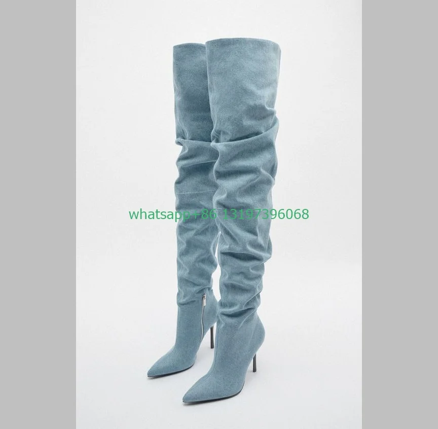 

Lady stiletto heel blue denim over the knee boots pointed toe jeans pleated design boots new arrive running boots causal size