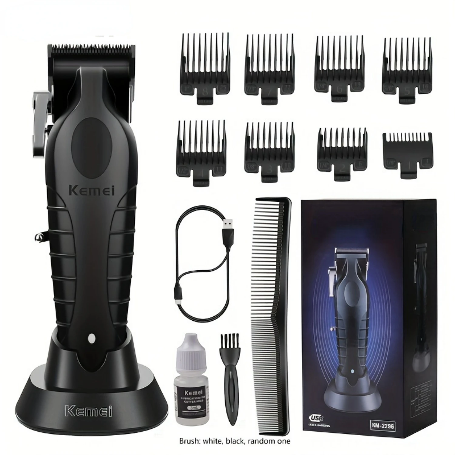 Powerful Cordless Black Hair Clipper with USB Charging, Professional KM-2296 Clippers for Barbers and Home Use, Long-lasting 250