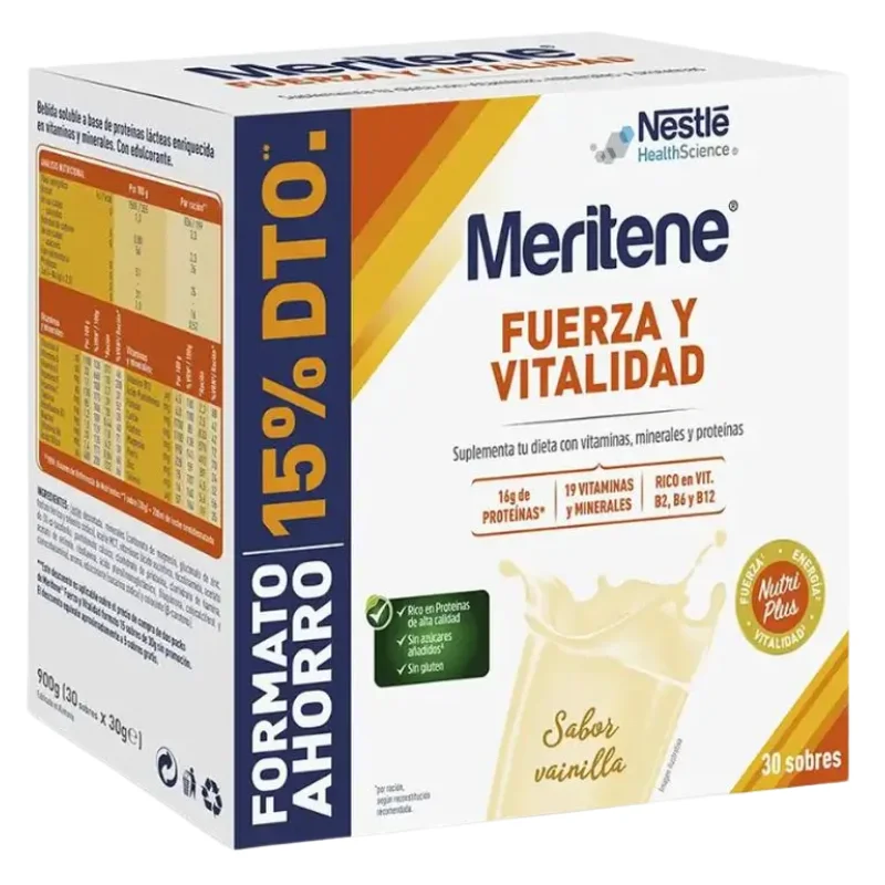 Nestlé Meritene Fuerza y Vitalidad Sabor Vainilla Fácil Preparación 30 Sobres