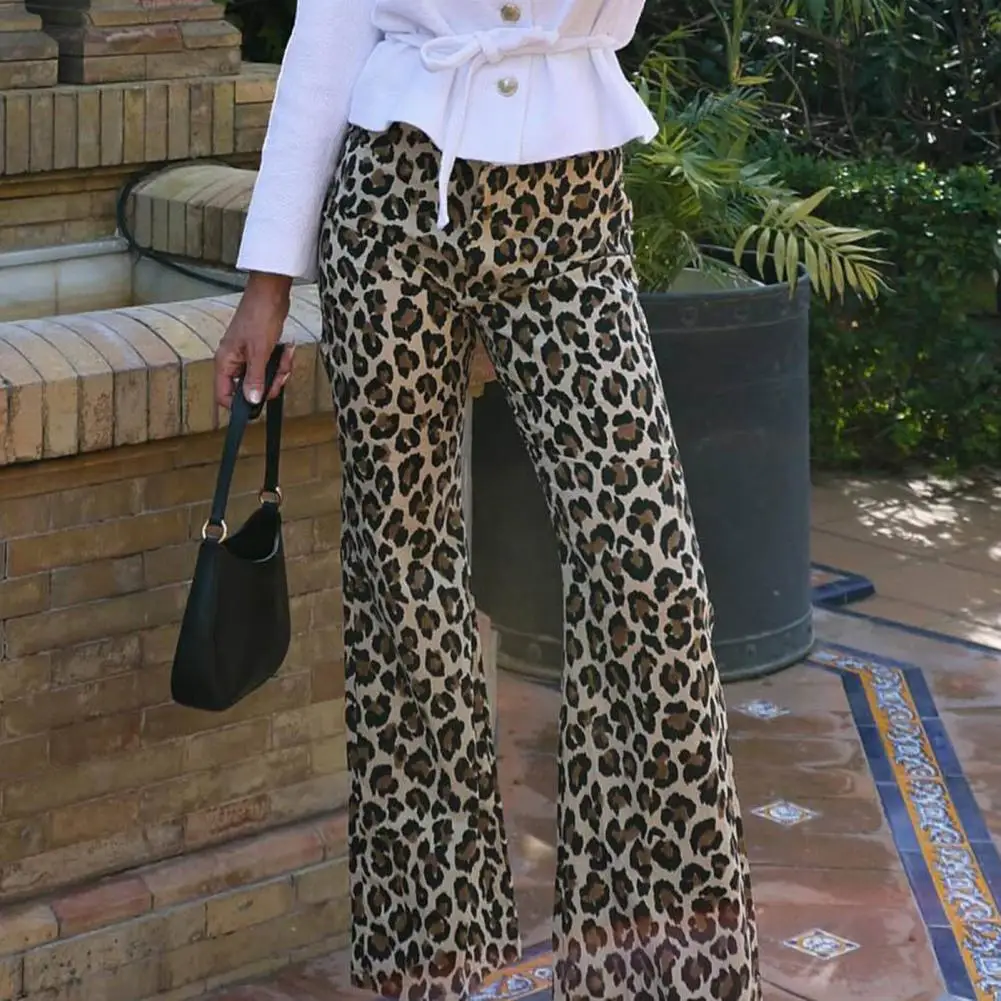 

Women Wide-leg Pants Leopard Print Wide Leg Pants for Women Mid-rise Elastic Waist Trousers Streetwear Print Long Pants Spring