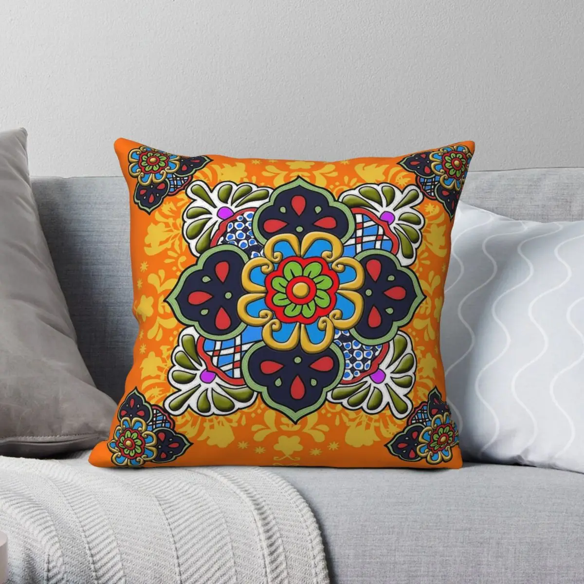 Mexican Talavera Flower Pillowcase Polyester Linen Velvet Printed Zip Decorative Home Cushion Cover 18