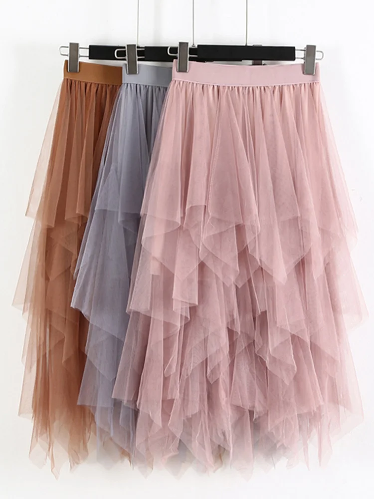 

Women irregular Tulle Skirts Fashion Elastic High Waist Mesh Tutu Skirt Pleated Long Skirts Midi Skirt Saias Faldas Jupe Femmle