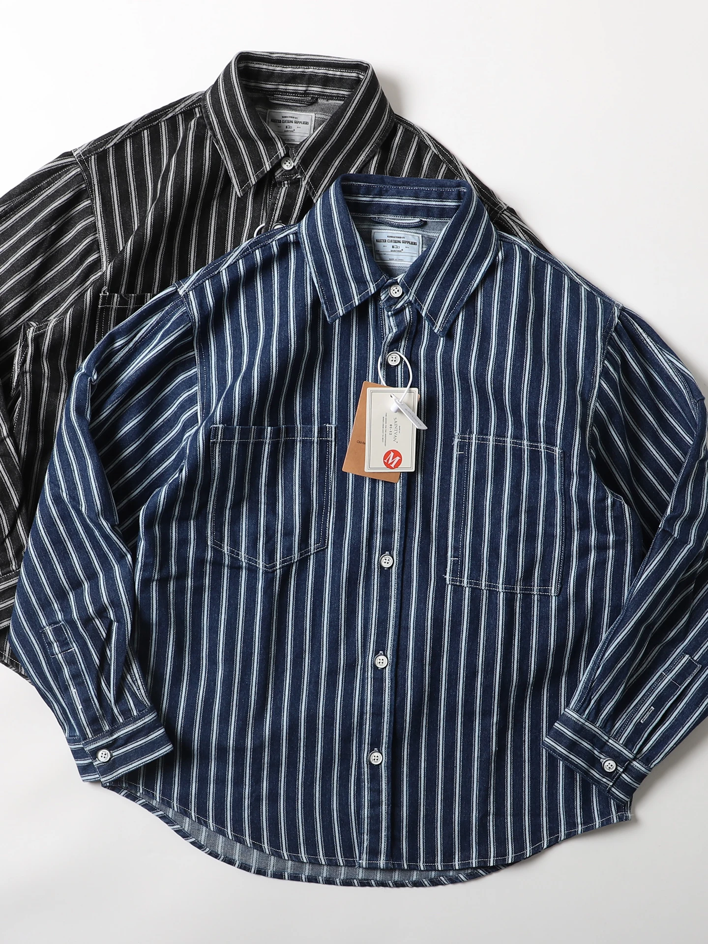 

American Sle Heavyweight Retro Striped Collared Denim irt Men's Loose Casual irt Jaet Trendy Long Sve Button up
