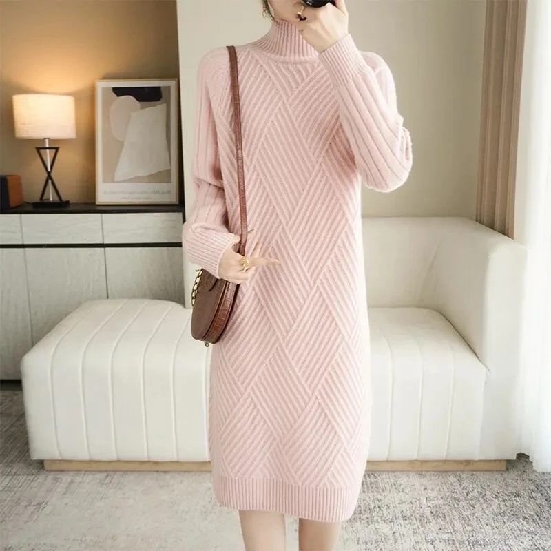 Autumn Winter Warm Knitted Turtleneck Sweater Dress Straight Women Elegant Midi Dresses Korean Long Sleeve Bottoming Vestidos