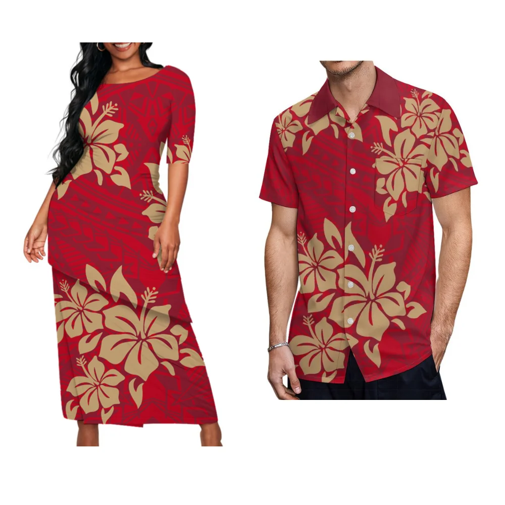 

Polynesian Floral Print Custom Summer Crew-Neck Puletasi Diagonal Design New Set Dress For Valentine'S Day Matching Clothing