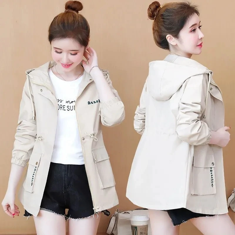 Imagem -04 - Blusão de Manga Comprida Feminina com Capuz Trench Coat Casual Jaqueta de Zíper Coreano com Bolso Outwears Pretos Moda Primavera e Outono