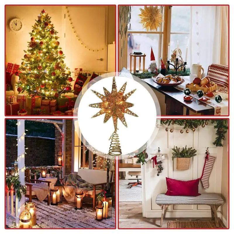 2024 Christmas tree top star decoration gold and silver iron five-pointed star glittering home holiday Christmas decoration