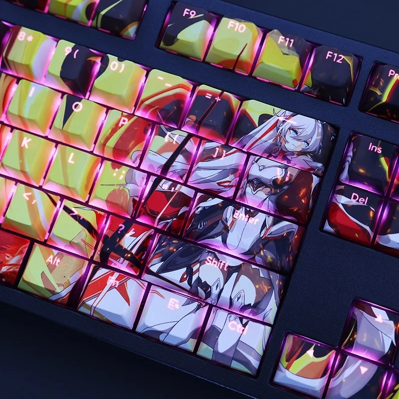 1ชุดผลกระทบ Honkai 3 Kiana Herrscher ของ Flamescion Keycap PBT Dye Sub Backlit Gaming Key Caps สำหรับ ANSI 61 87 104 108